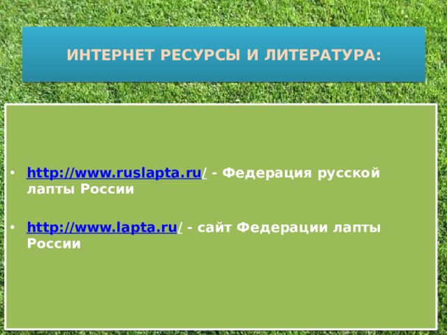 ИНТЕРНЕТ РЕСУРСЫ И ЛИТЕРАТУРА:    http ://www.ruslapta.ru / - Федерация русской лапты России  http ://www.lapta.ru / - сайт Федерации лапты России   