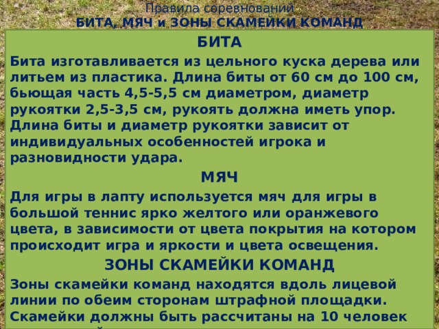 Правила соревнований  БИТА, МЯЧ и ЗОНЫ СКАМЕЙКИ КОМАНД   БИТА Бита изготавливается из цельного куска дерева или литьем из пластика. Длина биты от 60 см до 100 см, бьющая часть 4,5-5,5 см диаметром, диаметр рукоятки 2,5-3,5 см, рукоять должна иметь упор.  Длина биты и диаметр рукоятки зависит от индивидуальных особенностей игрока и разновидности удара. МЯЧ Для игры в лапту используется мяч для игры в большой теннис ярко желтого или оранжевого цвета, в зависимости от цвета покрытия на котором происходит игра и яркости и цвета освещения. ЗОНЫ СКАМЕЙКИ КОМАНД Зоны скамейки команд находятся вдоль лицевой линии по обеим сторонам штрафной площадки. Скамейки должны быть рассчитаны на 10 человек для каждой команды.   