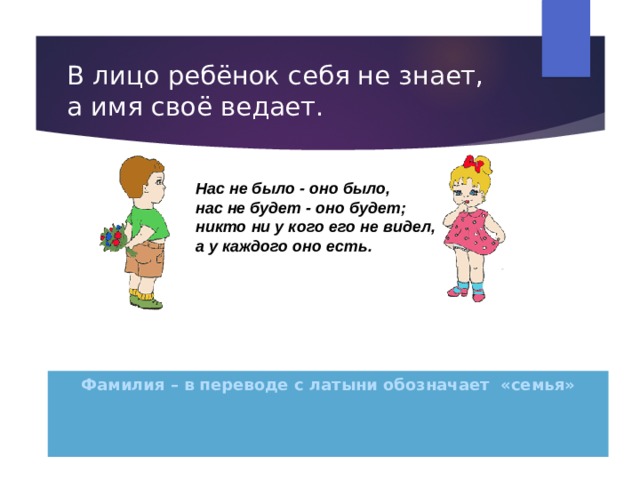 В лицо ребёнок себя не знает, а имя своё ведает. Нас не было - оно было,  нас не будет - оно будет;  никто ни у кого его не видел,  а у каждого оно есть. Фамилия – в переводе с латыни обозначает «семья» 