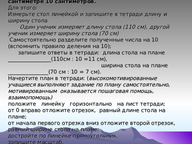 Начертите план учительского стола в мас­штабе в 1 сантиметре 10 сантиметров.  Для этого:  Измерьте стол линейкой и запишите в тет­ради длину и ширину стола   Один ученик измеряет  длину стола (110 см) , другой ученик измеряет ширину стола (70 см)  Самостоятельно разделите полученные числа на 10 (вспомнить правило деления на 10);  запи­шите ответы в тетради: длина стола на плане ________________(110см : 10 =11 см),  ширина стола на плане _______________(70 см : 10 = 7 см).  Начертите план в тетради: ( высокомотивированные учащиеся выполняют задание по плану самостоятельно, мотивированным оказывается пошаговая помощь, взаимопомощь)  положите линейку горизонтально на лист тетради;  от 0 вправо отложите отрезок, равный длине стола на плане;  от начала первого отрезка вниз отложи­те второй отрезок, равный ширине сто­ла на плане;  достройте по линейке прямоугольник,  запишите масштаб. 