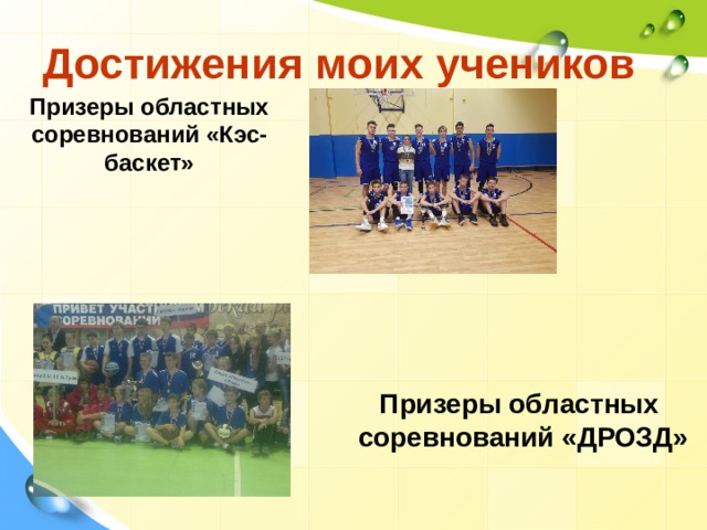 Достижения моих учеников Призеры областных соревнований «Кэс-баскет» Призеры областных  соревнований «ДРОЗД» 