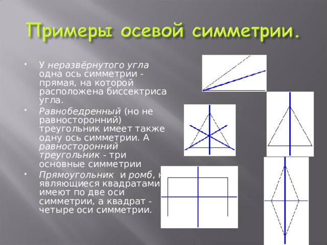 У неразвёрнутого угла одна ось симметрии - прямая, на которой расположена биссектриса угла. Равнобедренный (но не равносторонний) треугольник имеет также одну ось симметрии. А равносторонний треугольник - три основные симметрии Прямоугольник и ромб , не являющиеся квадратами имеют по две оси симметрии, а квадрат - четыре оси симметрии.  