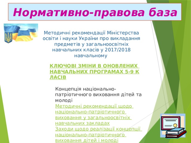 Нормативно-правова база Методичні рекомендації Міністерства освіти і науки України про викладання предметів у загальноосвітніх навчальних класів у 2017/2018 навчальному  Концепція національно-патріотичного виховання дітей та молоді Методичні  рекомендації  щодо  національно-патріотичного  виховання у  загальноосвітніх  навчальних закладах Заходи щодо  реалізації  концепції  національно-патріотичного  виховання   дітей і молоді   