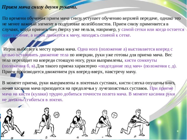 Прием мяча снизу двумя руками. По времени обучения прием мяча снизу уступает обучению верхней передаче, однако это не менее важный элемент в подготовке волейболистов. Прием снизу применяется в случаях, когда принять мяч сверху уже нельзя, например, у самой сетки или когда остается одно касание, а игрок движется к мячу, находясь спиной к сетке.  Игрок выбегает к месту прима мяча. Одна нога (положение а) выставляется вперед с целью остановить движение тела по инерции, руки уже готовы для приема мяча. Вес тела переходит на впереди стоящую ногу, руки выпрямлены, кисти сомкнуты (положения б, в) .Для такого приема характерно «подседание под мяч» (положения г, д). Прием производится движением рук вперед-вверх, навстречу мячу. В момент приема, руки выпрямлены в локтевых суставах, кисти слегка опущены вниз, точка касания мяча приходится на предплечья у лучезапястных суставов. При приеме мяча на кисти (кулаки) трудно добиться точности полета мяча. В момент касания руки не должны сгибаться в локтях. 