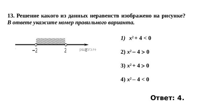 13. Решение какого из данных неравенств изображено на рисунке? В ответе укажите номер правильного варианта. x 2 + 4   2) x 2  4  0  3) x 2 + 4  0  4) x 2  4    Ответ: 4. 