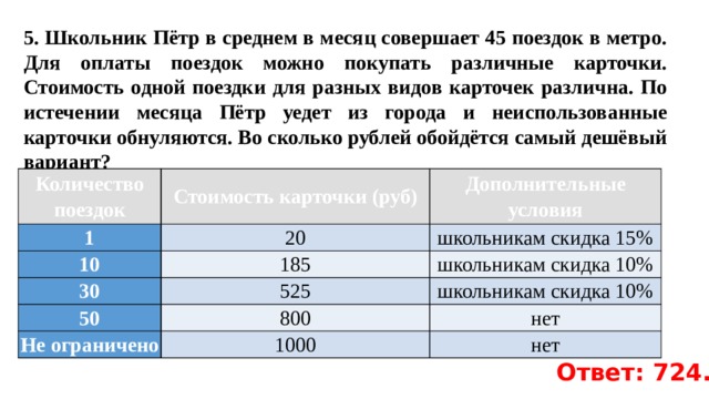 5. Школьник Пётр в среднем в месяц совершает 45 поездок в метро. Для оплаты поездок можно покупать различные карточки. Стоимость одной поездки для разных видов карточек различна. По истечении месяца Пётр уедет из города и неиспользованные карточки обнуляются. Во сколько рублей обойдётся самый дешёвый вариант?   Количество поездок 1 Стоимость карточки (руб) Дополнительные условия 20 10 школьникам скидка 15% 30 185 50 школьникам скидка 10% 525 Не ограничено школьникам скидка 10% 800 нет 1000 нет Ответ: 724. 