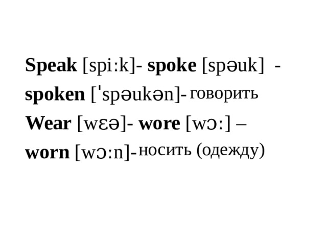 Speak  [spiːk]-  spoke [spəuk] -   spoken [ˈspəukən]- Wear  [wɛə] - wore  [wɔː]  – worn [wɔːn]- говорить носить (одежду) 