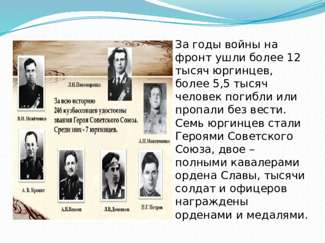 За годы войны на фронт ушли более 12 тысяч юргинцев, более 5,5 тысяч человек погибли или пропали без вести. Семь юргинцев стали Героями Советского Союза, двое – полными кавалерами ордена Славы, тысячи солдат и офицеров награждены орденами и медалями.   