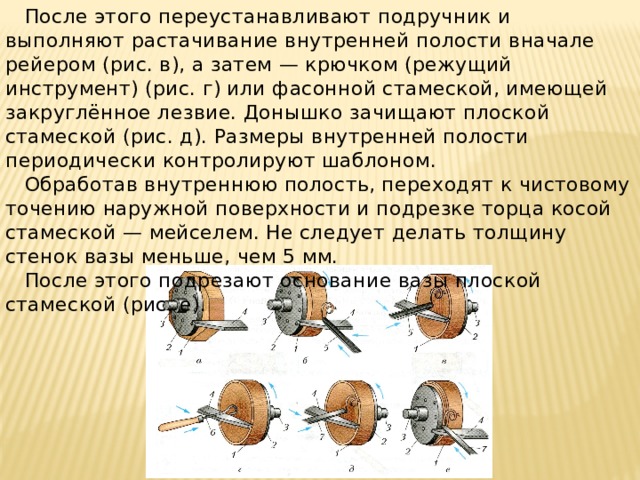  После этого переустанавливают подручник и выполняют растачивание внутренней полости вначале рейером (рис. в), а затем — крючком (режущий инструмент) (рис. г) или фасонной стамеской, имеющей закруглённое лезвие. Донышко зачищают плоской стамеской (рис. д). Размеры внутренней полости периодически контролируют шаблоном.  Обработав внутреннюю полость, переходят к чистовому точению наружной поверхности и подрезке торца косой стамеской — мейселем. Не следует делать толщину стенок вазы меньше, чем 5 мм.  После этого подрезают основание вазы плоской стамеской (рис. е). 