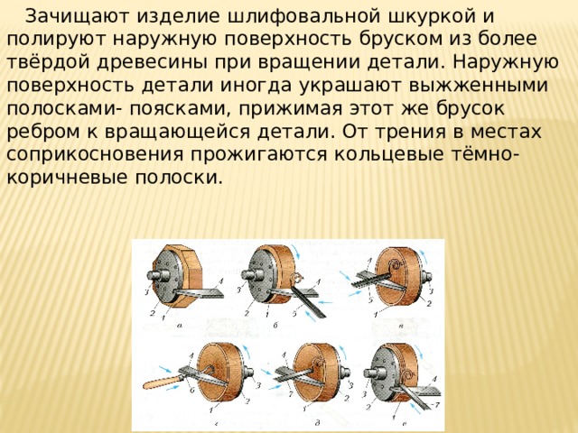  Зачищают изделие шлифовальной шкуркой и полируют наружную поверхность бруском из более твёрдой древесины при вращении детали. Наружную поверхность детали иногда украшают выжженными полосками- поясками, прижимая этот же брусок ребром к вращающейся детали. От трения в местах соприкосновения прожигаются кольцевые тёмно-коричневые полоски. 