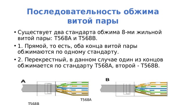 Последовательность обжима витой пары Существует два стандарта обжима 8-ми жильной витой пары: Т568А и Т568В. 1. Прямой, то есть, оба конца витой пары обжимаются по одному стандарту. 2. Перекрестный, в данном случае один из концов обжимается по стандарту Т568А, второй - Т568В.  T568A T568B 