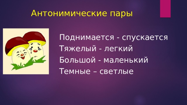 Антонимические пары Поднимается - спускается Тяжелый - легкий Большой - маленький Темные – светлые 