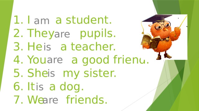 1. I a student.  2. They pupils.  3. He a teacher.  4. You a good friend.  5. She my sister.  6. It a dog.  7. We friends. am are is are is is are 