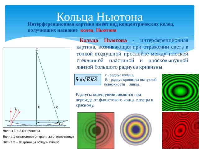Кольца Ньютона Интерференционная картина имеет вид концентрических колец, получивших название колец Ньютона Кольца Ньютона - интерференционная картина, возникающая при отражении света в тонкой воздушной прослойке между плоской стеклянной пластиной и плосковыпуклой линзой большого радиуса кривизны  r - радиус кольца,  R - радиус кривизны выпуклой поверхности линзы.   r =   Радиусы колец увеличиваются при переходе от фиолетового конца спектра к красному. Волны 1 и 2 когерентны. Волна 1 отражается от границы стекло-воздух Волна 2 – от границы воздух- стекло 