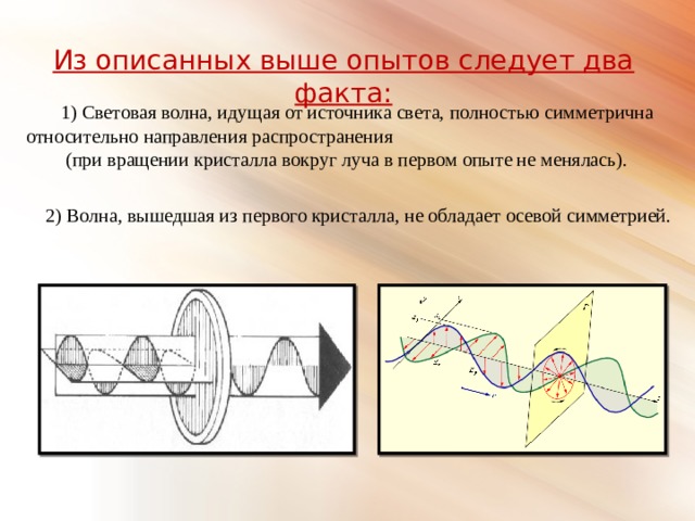 Из описанных выше опытов следует два факта: 1) Световая волна, идущая от источника света, полностью симметрична относительно направления распространения  (при вращении кристалла вокруг луча в первом опыте не менялась). 2) Волна, вышедшая из первого кристалла, не обладает осевой симметрией. 
