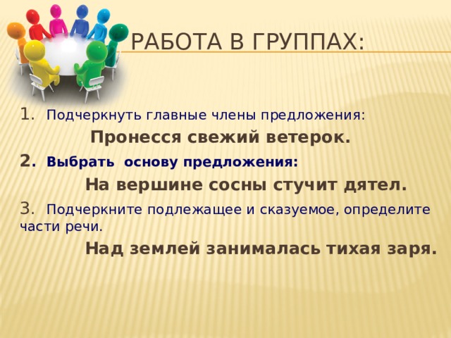 Работа в группах: 1. Подчеркнуть главные члены предложения:  Пронесся свежий ветерок. 2 . Выбрать основу предложения:  На вершине сосны стучит дятел. 3. Подчеркните подлежащее и сказуемое, определите части речи.  Над землей занималась тихая заря. 