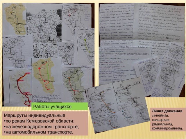 Работы учащихся Линия движения линейная, кольцевая, радиальная, комбинированная. Маршруты индивидуальные по рекам Кемеровской области; на железнодорожном транспорте; на автомобильном транспорте. 
