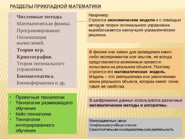 Например: Строятся экономические модели и с помощью методов теории оптимального управления вырабатываются наилучшие управленческие решения. Численные методы . Математическая физика. Программирование. Оптимизация вычислений. Теория игр . Криптография . Теория оптимального управления. Биоматематика . Биоинформатика и др.         В физике или химии для проведения каких-либо экспериментов или опытов, не всегда представляется возможным провести испытания на реальном объекте. Поэтому строится его математическая модель . Модель – это уменьшенная или увеличенная копия реального объекта, которая имеет точно такие же свойства. Проектные технологии Технологии развивающего обучения Кейс-технологии Технологии интегрированного обучения В шифровании данных используются различные математические методы и алгоритмы . 