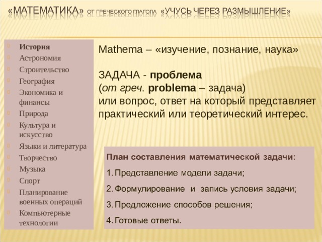 История Астрономия Строительство География Экономика и финансы Природа Культура и искусство Языки и литература Творчество Музыка Спорт Планирование военных операций Компьютерные технологии           Mathema – « изучение, познание, наука» ЗАДАЧА - проблема ( от греч . problema – задача) или вопрос, ответ на который представляет практический или теоретический интерес. 