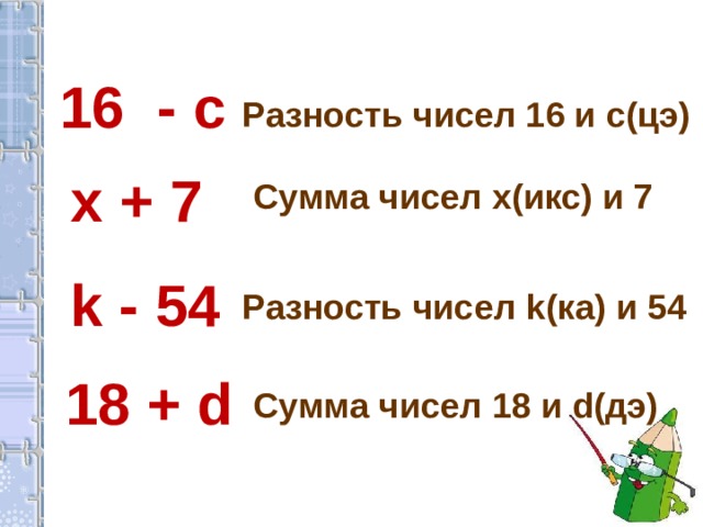 a – «а» b – «бэ» c – «цэ» d – «дэ»  k – «ка»  x – «икс» y – «игрек» 