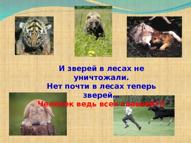 И зверей в лесах не уничтожали. Нет почти в лесах теперь зверей… Человек ведь всех главней!!! 