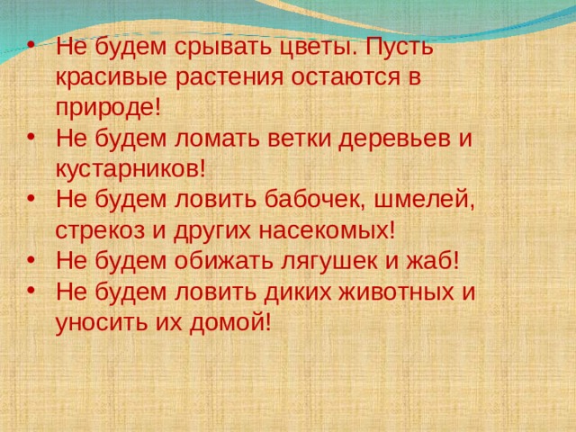 Не будем срывать цветы. Пусть красивые растения остаются в природе! Не будем ломать ветки деревьев и кустарников! Не будем ловить бабочек, шмелей, стрекоз и других насекомых! Не будем обижать лягушек и жаб! Не будем ловить диких животных и уносить их домой! 