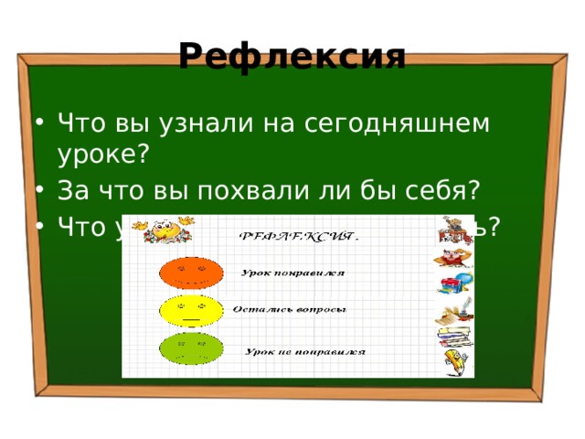 Рефлексия Что вы узнали на сегодняшнем уроке? За что вы похвали ли бы себя? Что у вас особенно получилось? 