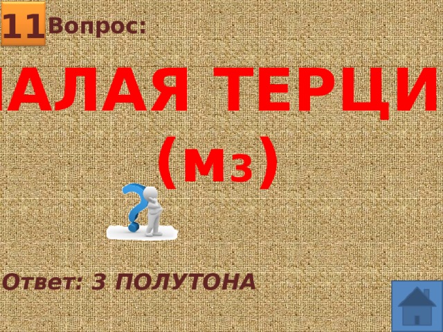 11 Вопрос: МАЛАЯ ТЕРЦИЯ (м 3 ) Ответ: 3 ПОЛУТОНА 