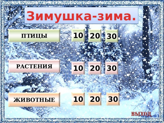 Зимушка-зима. 10 20 Птицы 30 растения 10 20 30 10 20 30 животные  