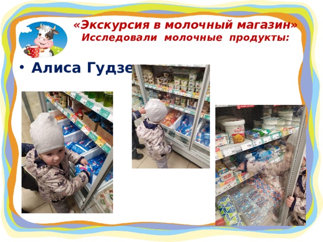 «Экскурсия в молочный магазин»  Исследовали молочные продукты: Алиса Гудзенко  