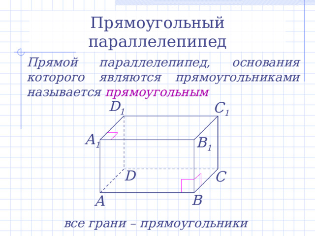 Прямоугольный параллелепипед Прямой параллелепипед, основания которого являются прямоугольниками называется прямоугольным D 1 C 1 А 1 B 1 D С В А все грани – прямоугольники 