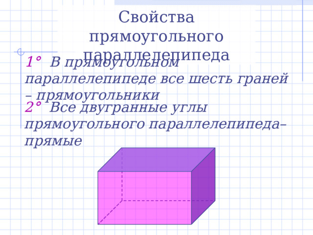 Свойства прямоугольного  параллелепипеда 1° В прямоугольном параллелепипеде все шесть граней – прямоугольники 2° Все двугранные углы прямоугольного параллелепипеда– прямые 