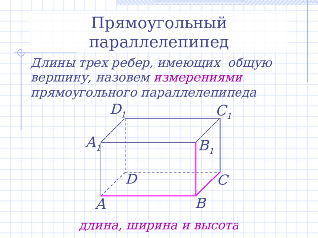 Прямоугольный параллелепипед Длины трех ребер, имеющих общую вершину, назовем измерениями прямоугольного параллелепипеда D 1 C 1 А 1 B 1 D С В А длина, ширина и высота 