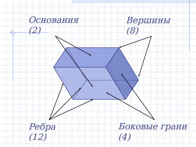 Основания (2) Вершины (8) Боковые грани (4) Ребра (12) 