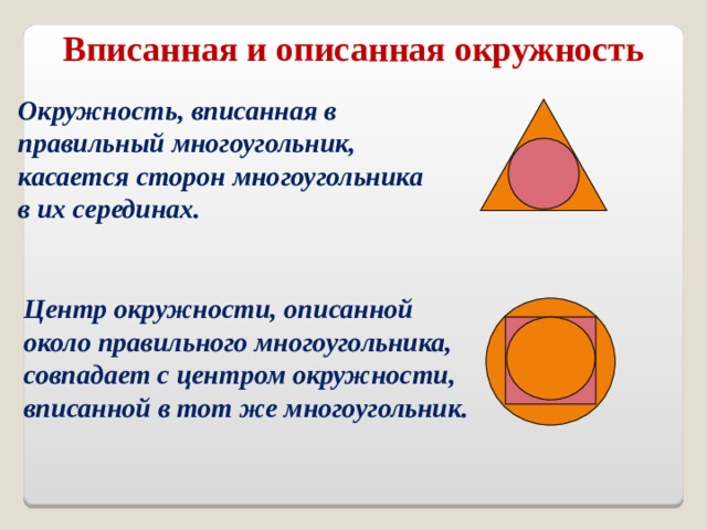 Вписанная и описанная окружность Окружность, вписанная в правильный многоугольник, касается сторон многоугольника в их серединах. Центр окружности, описанной около правильного многоугольника, совпадает с центром окружности, вписанной в тот же многоугольник. 
