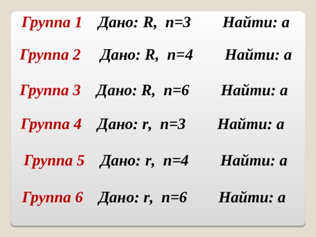 Группа 1 Дано: R , n =3 Найти: а  Группа 2 Дано: R , n =4 Найти: а  Группа 3 Дано: R , n =6 Найти: а  Группа 4 Дано: r , n =3 Найти: а  Группа 5 Дано: r , n = 4 Найти: а  Группа 6 Дано: r , n = 6 Найти: а  