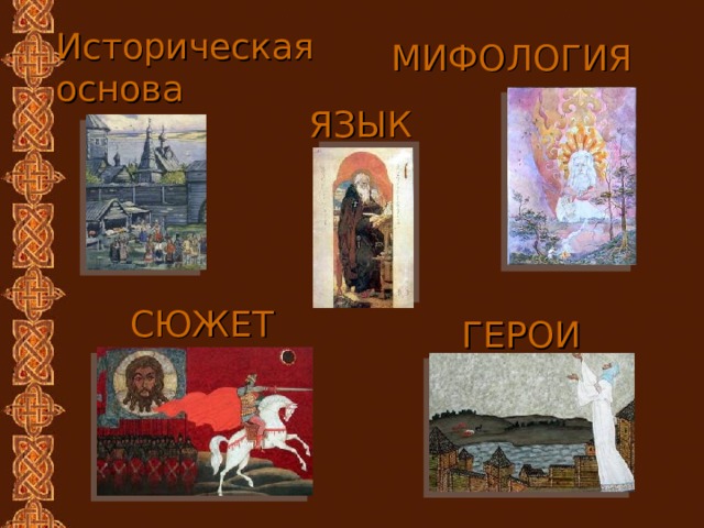 Историческая основа МИФОЛОГИЯ ЯЗЫК ми СЮЖЕТ ГЕРОИ 