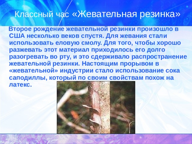 Классный час «Жевательная резинка»    Второе рождение жевательной резинки произошло в США несколько веков спустя. Для жевания стали использовать еловую смолу. Для того, чтобы хорошо разжевать этот материал приходилось его долго разогревать во рту, и это сдерживало распространение жевательной резинки. Настоящим прорывом в «жевательной» индустрии стало использование сока саподиллы, который по своим свойствам похож на латекс. 