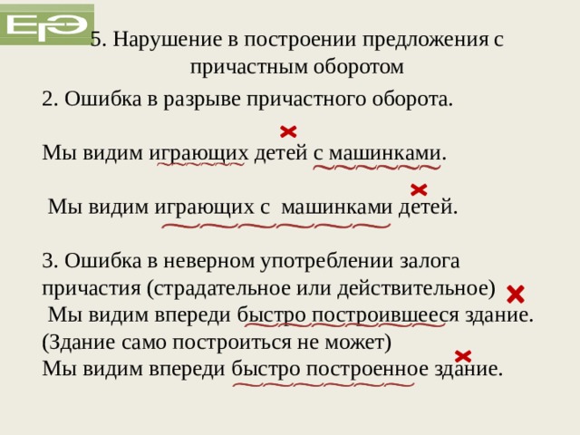  5. Нарушение в построении предложения с причастным оборотом   2. Ошибка в разрыве причастного оборота. Мы видим играющих детей с машинками.  Мы видим играющих с машинками детей. 3. Ошибка в неверном употреблении залога причастия (страдательное или действительное)  Мы видим впереди быстро построившееся здание. (Здание само построиться не может) Мы видим впереди быстро построенное здание.  