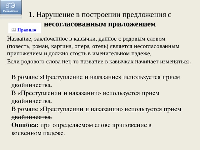 1. Нарушение в построении предложения с несогласованным приложением Название, заключенное в кавычки, данное с родовым словом (повесть, роман, картина, опера, отель) является несогласованным приложением и должно стоять в именительном падеже. Если родового слова нет, то название в кавычках начинает изменяться . 