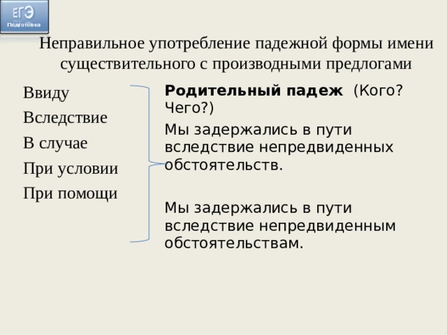    Неправильное употребление падежной формы имени существительного с производными предлогами    Ввиду Вследствие В случае При условии При помощи Родительный падеж (Кого? Чего?) Мы задержались в пути вследствие непредвиденных обстоятельств. Мы задержались в пути вследствие непредвиденным обстоятельствам.  