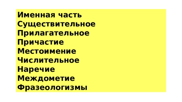 Именная часть Существительное Прилагательное Причастие Местоимение Числительное Наречие Междометие Фразеологизмы 
