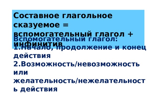 Составное глагольное сказуемое = вспомогательный глагол + инфинитив  Вспомогательный глагол: 1.Начало, продолжение и конец действия 2.Возможность/невозможность или желательность/нежелательность действия 3.Процесс мысли, переживания 