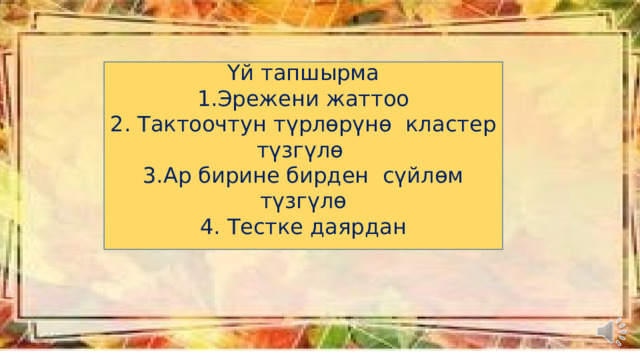 Үй тапшырма 1.Эрежени жаттоо 2. Тактоочтун түрлөрүнө кластер түзгүлө 3.Ар бирине бирден сүйлөм түзгүлө 4. Тестке даярдан 