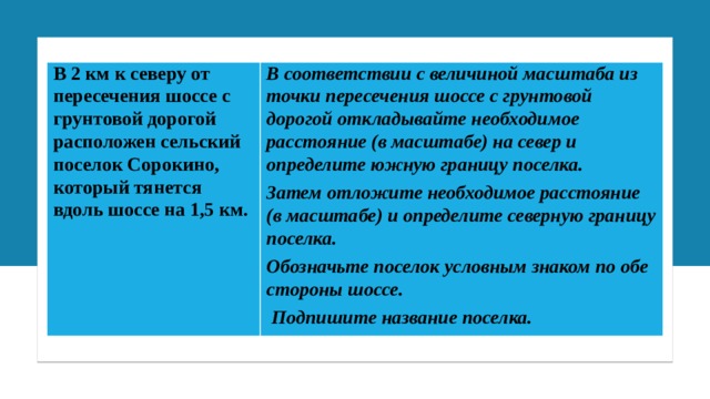 В 2 км к северу от пересечения шоссе с грунтовой дорогой расположен сельский поселок Сорокино, который тянется вдоль шоссе на 1,5 км. В соответствии с величиной масштаба из точки пересечения шоссе с грунтовой дорогой откладывайте необходимое расстояние (в масштабе) на север и определите южную границу поселка. Затем отложите необходимое расстояние (в масштабе) и определите северную границу поселка. Обозначьте поселок условным знаком по обе стороны шоссе.  Подпишите название поселка. 