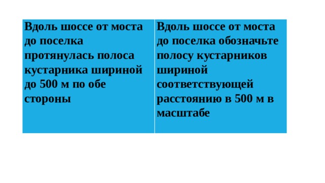 Вдоль шоссе от моста до поселка протянулась полоса кустарника шириной до 500 м по обе стороны Вдоль шоссе от моста до поселка обозначьте полосу кустарников шириной соответствующей расстоянию в 500 м в масштабе  