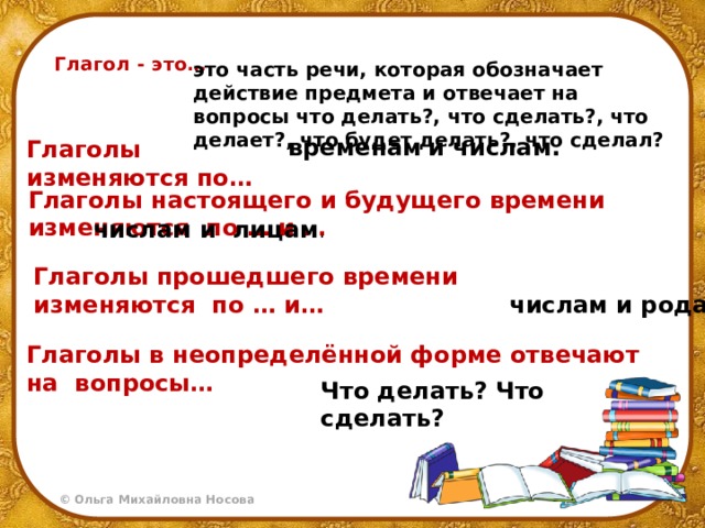 Глагол - это… это часть речи, которая обозначает действие предмета и отвечает на вопросы что делать?, что сделать?, что делает?, что будет делать?, что сделал? временам  и числам. Глаголы изменяются по…  Глаголы настоящего и будущего времени изменяются по … и … числам и лицам . Глаголы прошедшего времени изменяются по … и… числам и родам. Глаголы в неопределённой форме отвечают на вопросы… Что делать? Что сделать?  