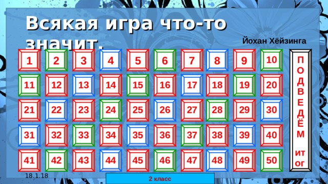 Всякая игра что-то значит.   Йохан Хёйзинга 4 5 1 2 10 9 8 7 6 3 П О Д В Е Д Ё М  итог 12 13 14 16 18 20 15 17 19 11 28 25 29 30 27 23 26 22 21 24 36 40 39 37 38 35 34 33 32 31 50 43 44 45 46 47 48 41 42 49 18.1.18 автор: Комар Валерия Евгеньевна 2 класс 