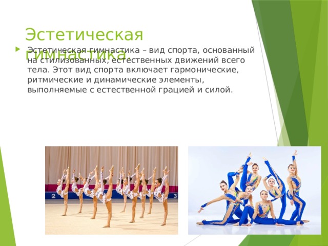 Эстетическая гимнастика. Эстетическая гимнастика – вид спорта, основанный на стилизованных, естественных движений всего тела. Этот вид спорта включает гармонические, ритмические и динамические элементы, выполняемые с естественной грацией и силой. 