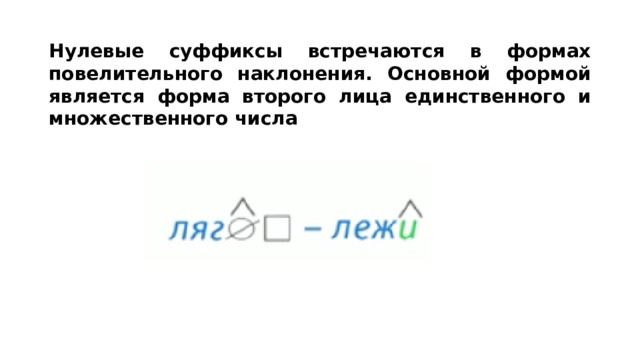 Нулевые суффиксы встречаются в формах повелительного наклонения. Основной формой является форма второго лица единственного и множественного числа 